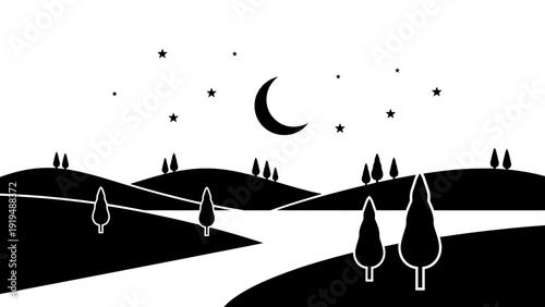 Stylized Night Landscape with Crescent Moon, Stars, and Rolling Hills