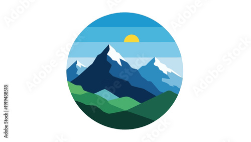 Vibrant Mountain Landscape Circle Icon with Sun and Green Hills