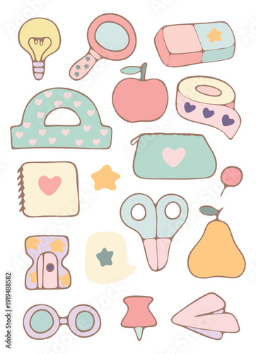 Cute pastel school supplies set with scissors, magnifier, notebook, eraser, apple and paper plane in doodle style, vector illustration, isolated on white background