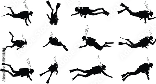 Silhouettes of scuba divers in various underwater positions with bubbles black