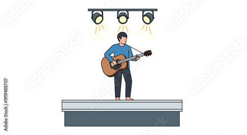 A male musician stands on a stage and plays an acoustic guitar under bright spotlights during a live performance.