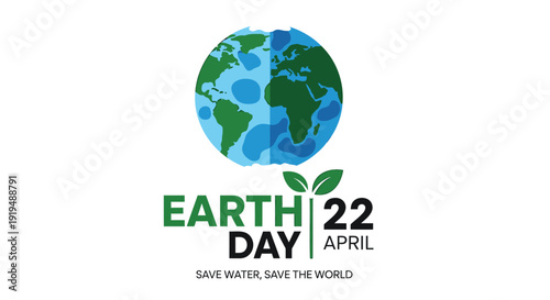 Earth Day icon set with eco-friendly symbols, including globe, leaves, and water droplets. Created in flat style with green and blue color palette.