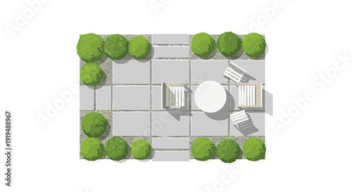 Aerial top-down view of a modern outdoor patio area features paving stones, green bushes, a round table, and two chairs.