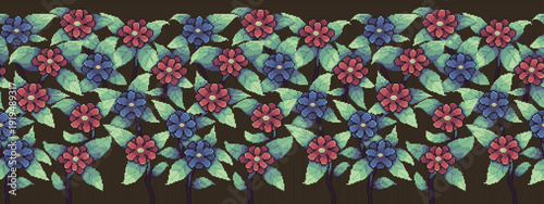 A pixelated floral and leaf image featuring a continuous horizontal sequence of red and blue flowers, suitable for fabric printing, wall art, and various surfaces.