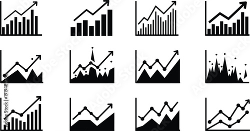 Collection of various black and white business graph and chart icons, including bar graphs, line charts, and arrows, for finance and statistics.