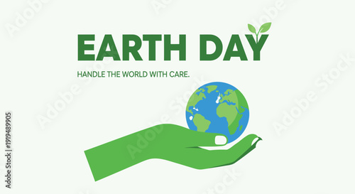 Earth Day icon with green hand holding globe, eco-friendly symbol.