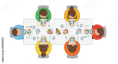 Six people are seated at a dining table filled with food, all focused on their individual smartphones.