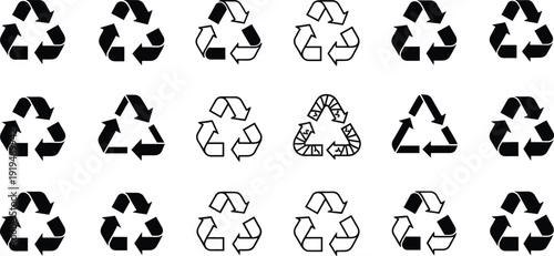 Collection of various black and white recycling symbols on clean background, representing eco-friendly practices and sustainable living.