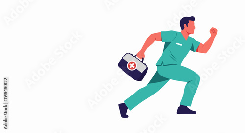 Emergency medical worker runs with first aid kit. Healthcare staff provides urgent assistance, showing rapid emergency medical response. Illustration for emergency medical services promotion.