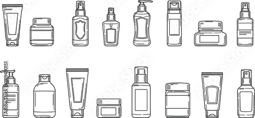 Collection of various personal care and cosmetic product packaging illustrations, including bottles, tubes, and jars for skincare and hygiene.