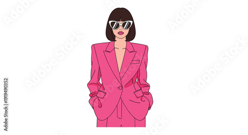A chic woman with a bob haircut and sunglasses poses confidently in a fashionable pink pantsuit.