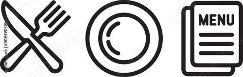 Kitchen cutlery and restaurant dining icons set with crossed knife fork plate and menu card