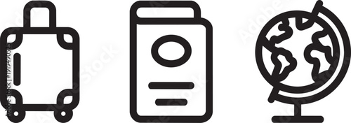 Luggage passport and world globe icons set for international travel and vacation destination