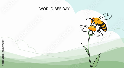 World Bee Day graphic depicts bee on daisy, bright green landscape. World Bee Day promotes pollination, essential for ecosystem vitality. World Bee Day concept for awareness, education,