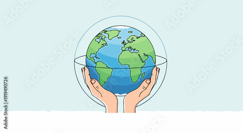 Hands gently holding globe illustrating Earth care concept, transparent sphere encompassing planet symbolizes environmental protection and global responsibility.