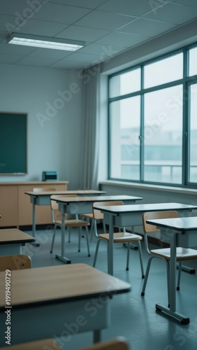 Empty Classroom Interior with Window and Desks