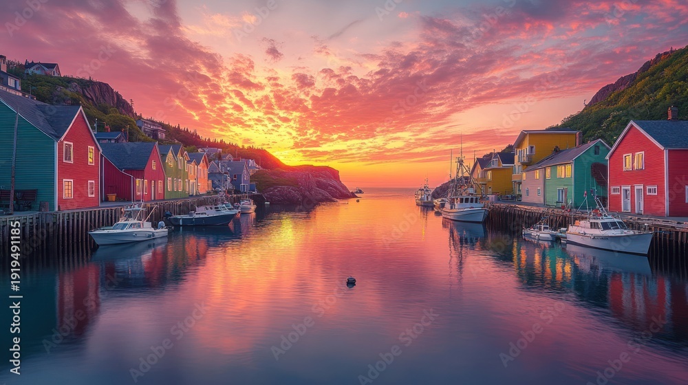 Obraz premium Colorful houses on a harbor at sunset.