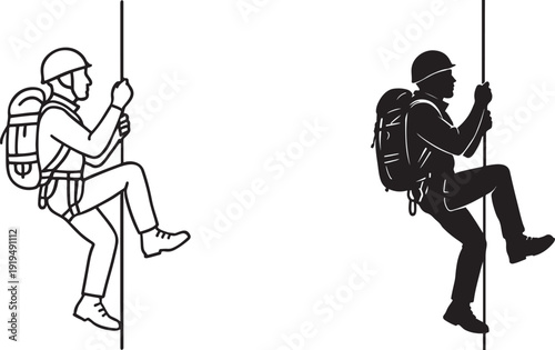 Rock climber ascending rope bold silhouette outline icon.