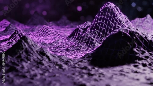 A stylized, purple-toned mountain landscape with a digital aesthetic.