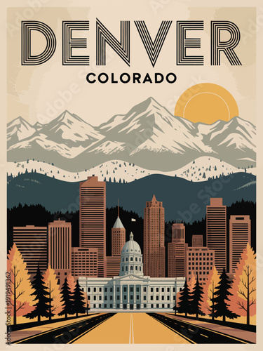 Denver Colorado Travel Poster, Rocky Mountain Winter Scene in Gray and White Vintage Style Artwork with Bold Lettering