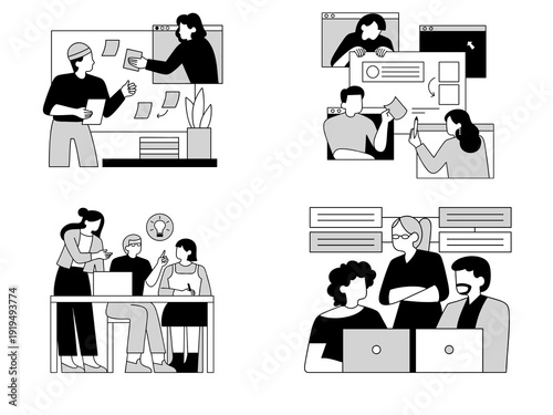 Photos business people icons set timework illustration and vector in the office