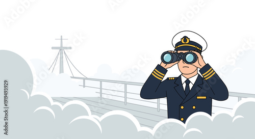A ship captain in uniform and hat looks through binoculars on a foggy boat deck with clouds.