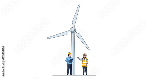 Two engineers in hard hats and vests stand in front of a tall wind turbine on a white background.