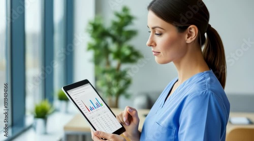 Smiling female healthcare professional reviews patient data and charts on a tablet in a modern hospital office setting with natural light and greenery