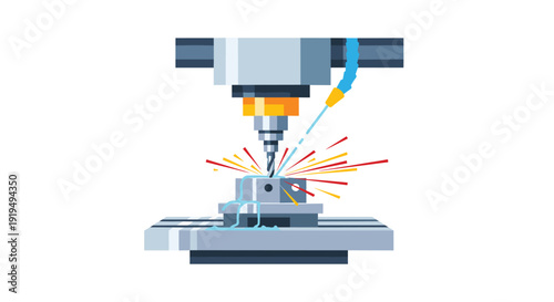 A CNC milling machine is actively cutting a metal workpiece with a drill bit, producing sparks and coolant.