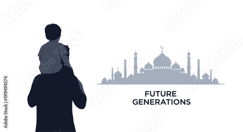 Father carrying child on shoulders looking towards mosque skyline future generations