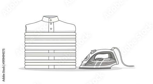 Stack of neatly folded white shirts beside electric iron preparing for ironing clothes