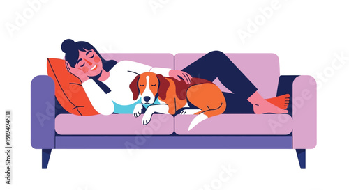 Relaxed woman peacefully sleeping beside her adorable beagle dog on a cozy sofa
