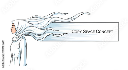 Woman wearing white hijab and long flowing veil profile view standing in front of copy space