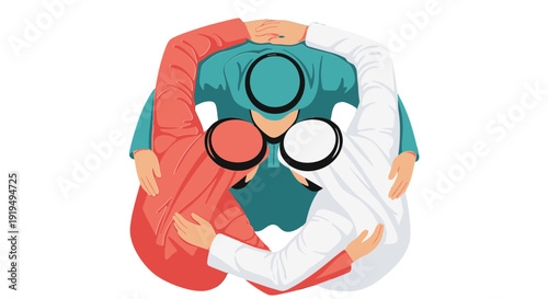 Three people hugging each other in circle seen from above embracing