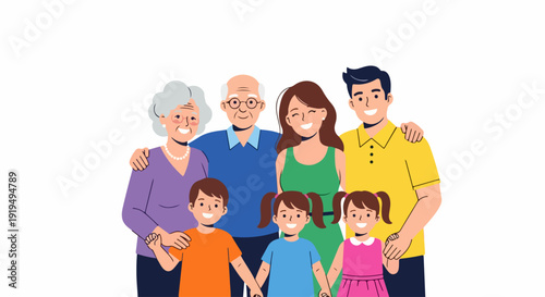 Happy family illustration showing three generations smiling together. Happy family portrait with grandparents, parents, and children, symbolizing unity. Happy family concept for lifestyle,