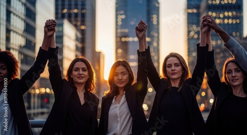 Empowered Diverse Women Holding Hands Together in Front of City Sunset