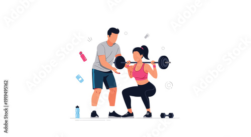 A woman performs barbell squats with the assistance of a male personal trainer in a modern gym setting.