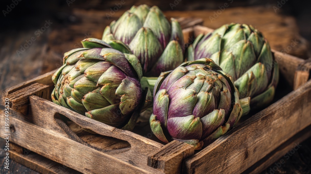 Fototapeta premium Freshly harvested artichokes in rustic wooden box.