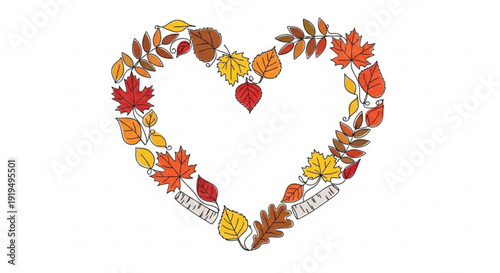 Autumn leaves forming a heart shape with acorns and ribbons on a white background symbolizing gratitude and fall season