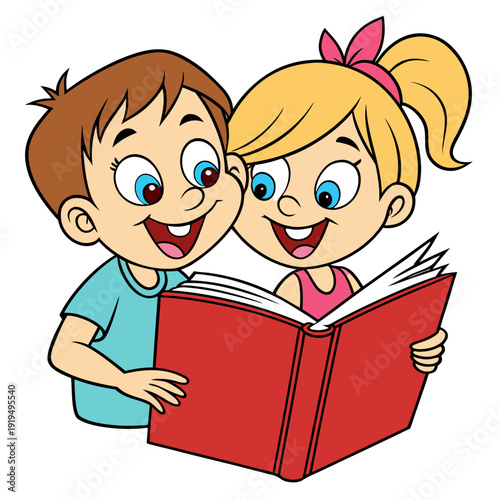 A boy and a girl reading a book together Vector