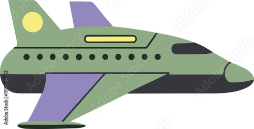 Stylized green and purple spaceship illustration with a yellow circular detail