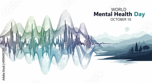 World Mental Health Day banner with abstract wave pattern representing well being and serene landscape. This World Mental Health Day concept features colorful waveform and peaceful nature background,