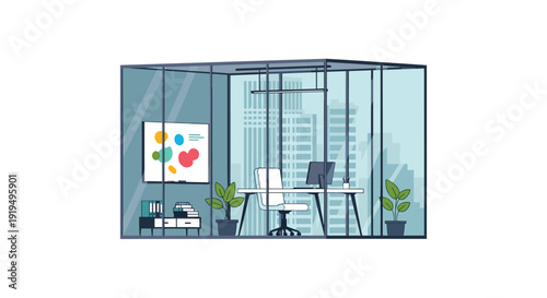 Modern office workstation with a computer, chair, and plants inside a glass-walled room with a city view.