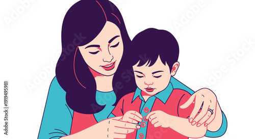 Mother patiently guides her young son in learning to button his colorful shirt independently today