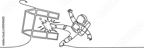 Single one line drawing astronaut trapped in the cage kick the caged until wrecked. Freedom of expression for the smooth running of business. one line Icon drawing