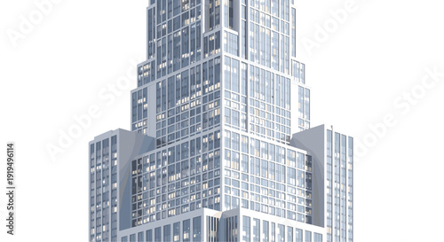 A towering modern skyscraper with numerous glass windows reflects light, showcasing intricate architectural details.