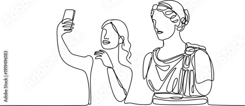 Single continuous line drawing of young beautiful woman museum visitor taking selfie with unique form, antique and historical sculpture. one line Icon drawing