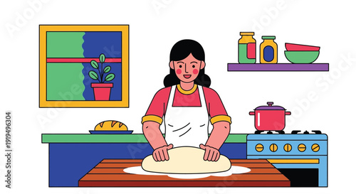 Woman wearing an apron kneading dough on a wooden table in a colorful kitchen illustration