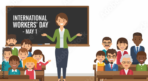 International Workers Day illustration, teacher in front of blackboard with students. Classroom features teacher explaining International Workers Day meaning to diverse young learners.