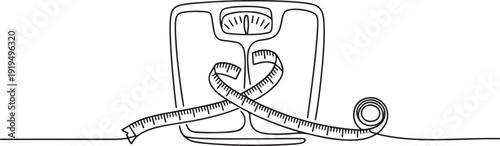 Single one line drawing body scales tied with measuring tape. A symbol to keep remembering healthy living at all times. Diet. Weights and Measures Day. one line Icon drawing